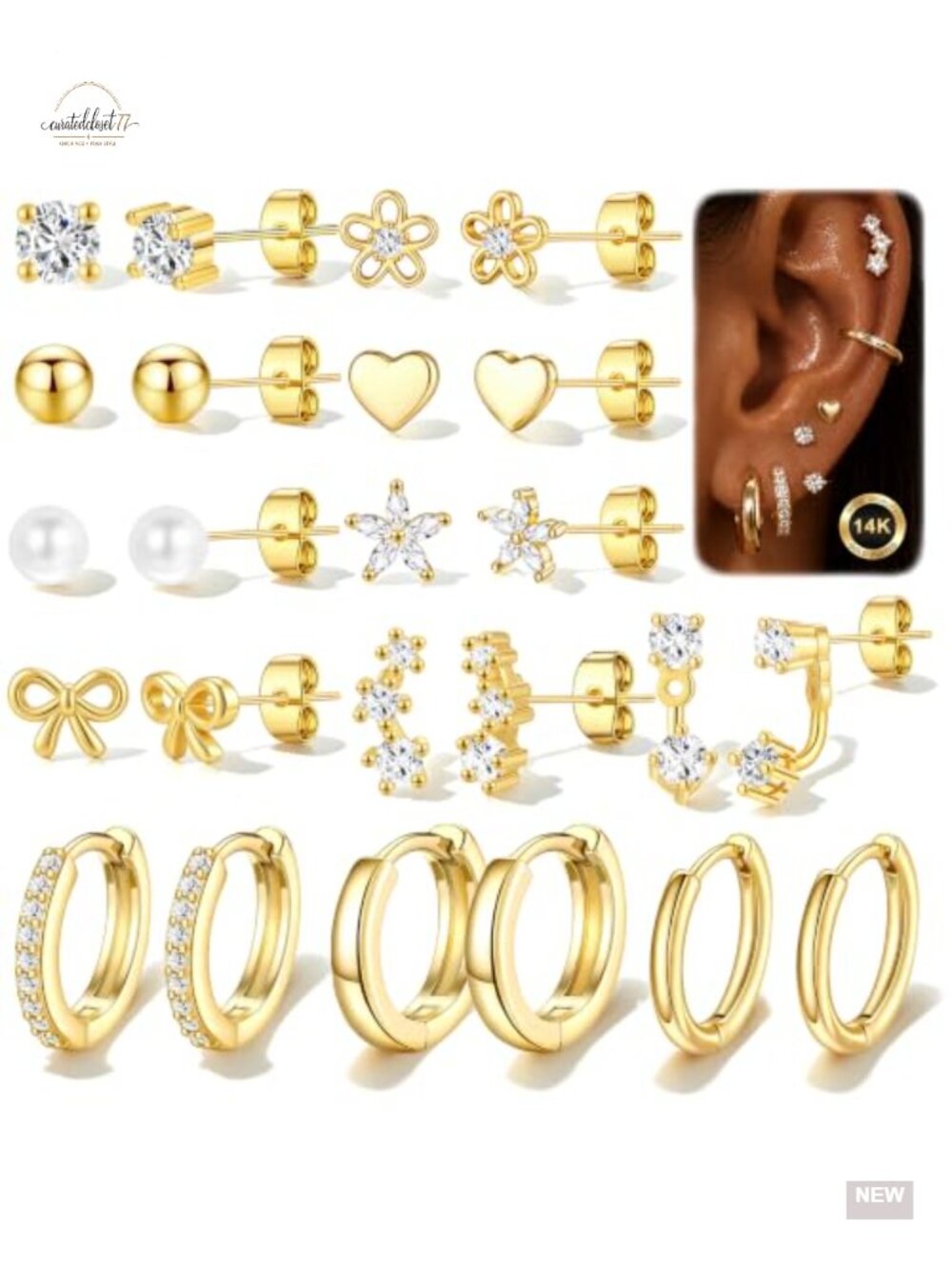 12 Pairs Gold Stud Earrings Set, Hypoallergenic 14K Gold Plated Earrings